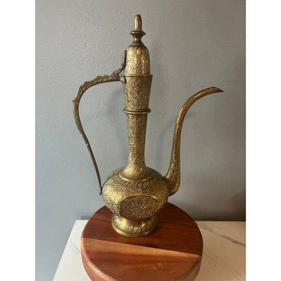 Vintage Hand-Engraved Solid Brass Ewer Pitcher – Ornate Middle Eastern Style - Picture 9 of 11